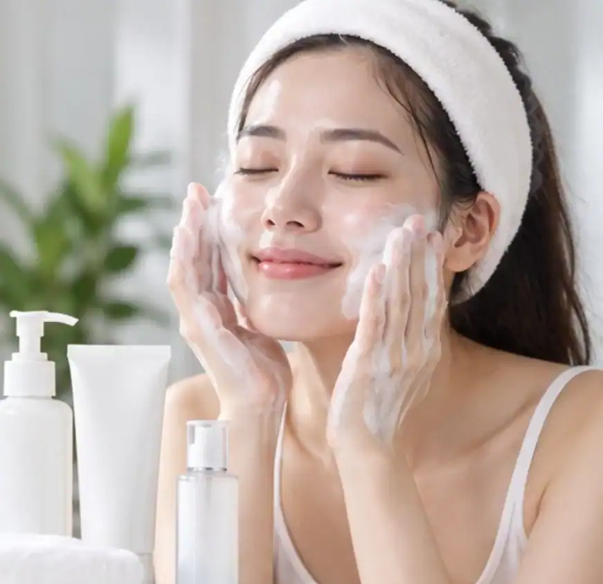 女性以潔顏產品洗臉的照片