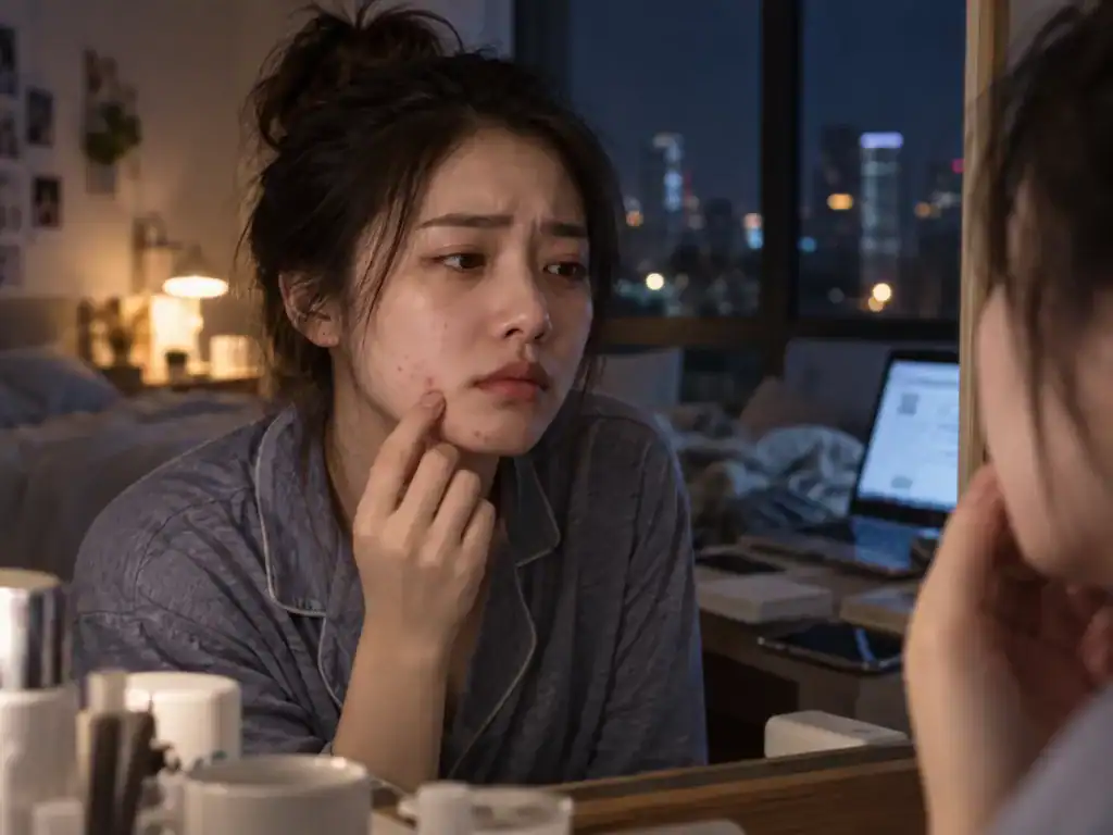深夜女性照鏡觸摸臉頰的照片