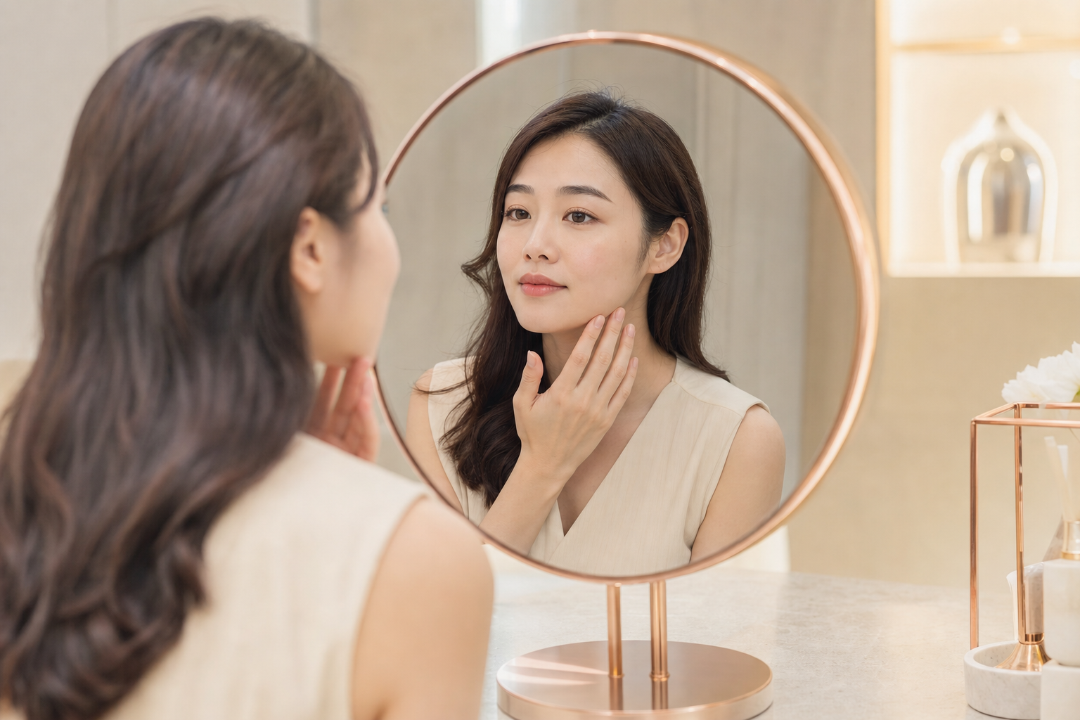 女性照鏡子檢視下顎輪廓變化