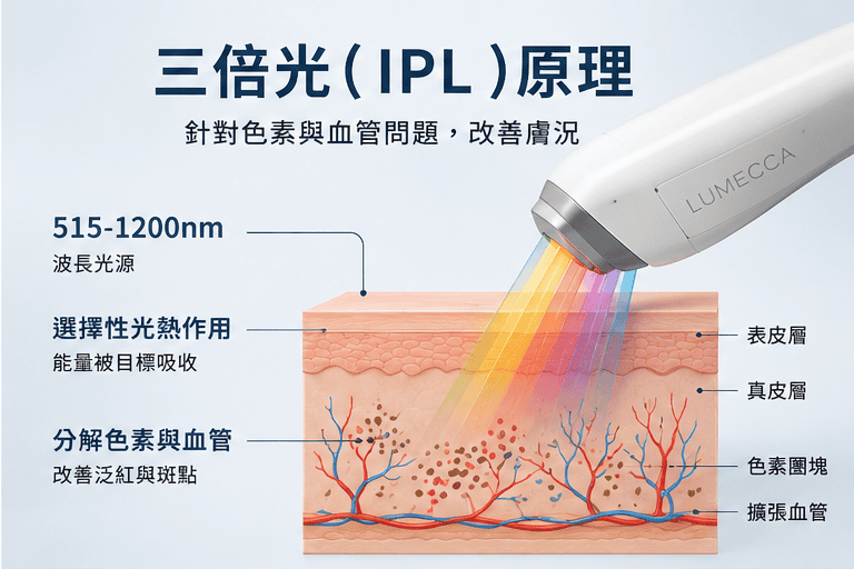 三倍光IPL作用原理與皮膚結構示意圖
