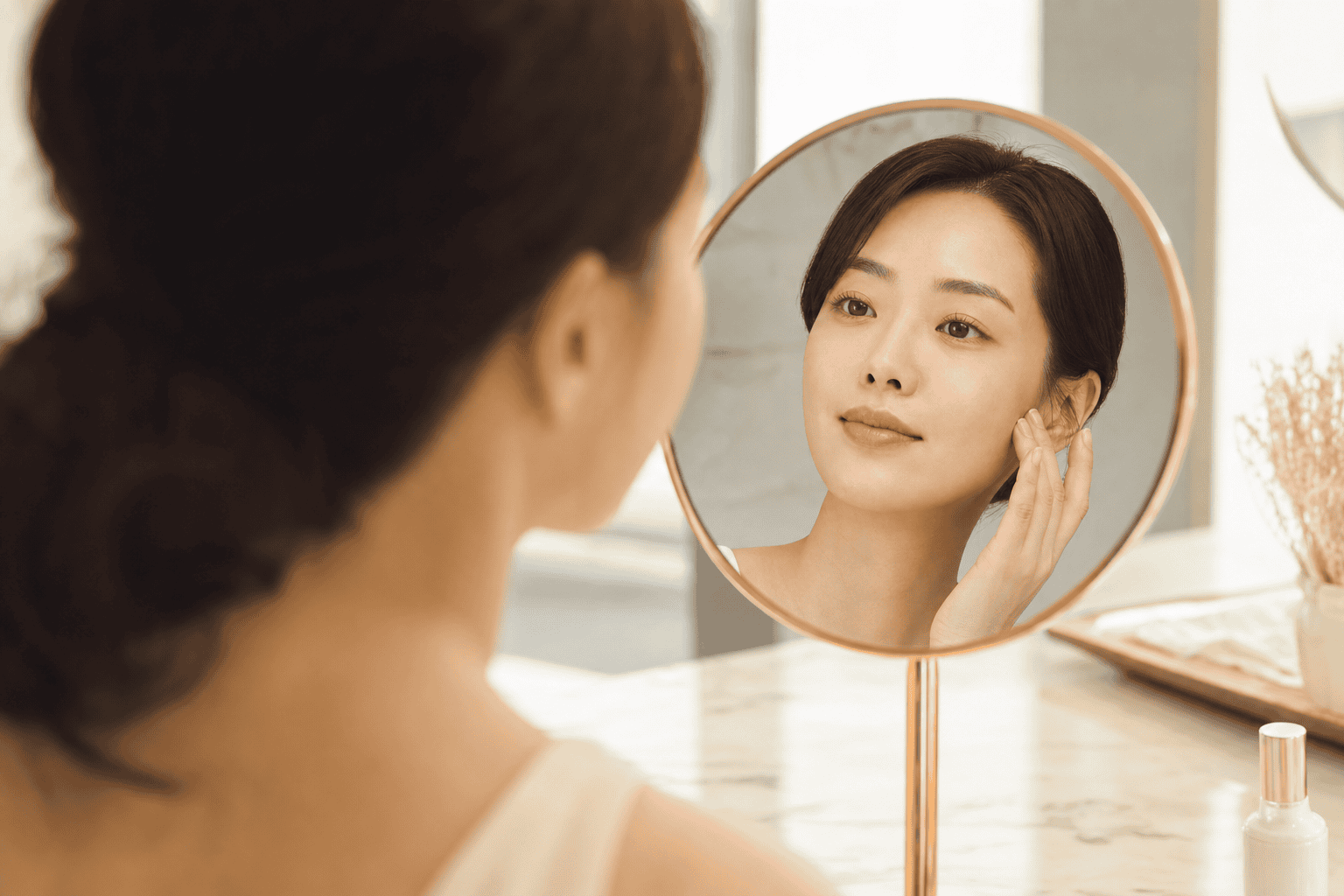 女性照鏡檢視臉部毛孔狀況