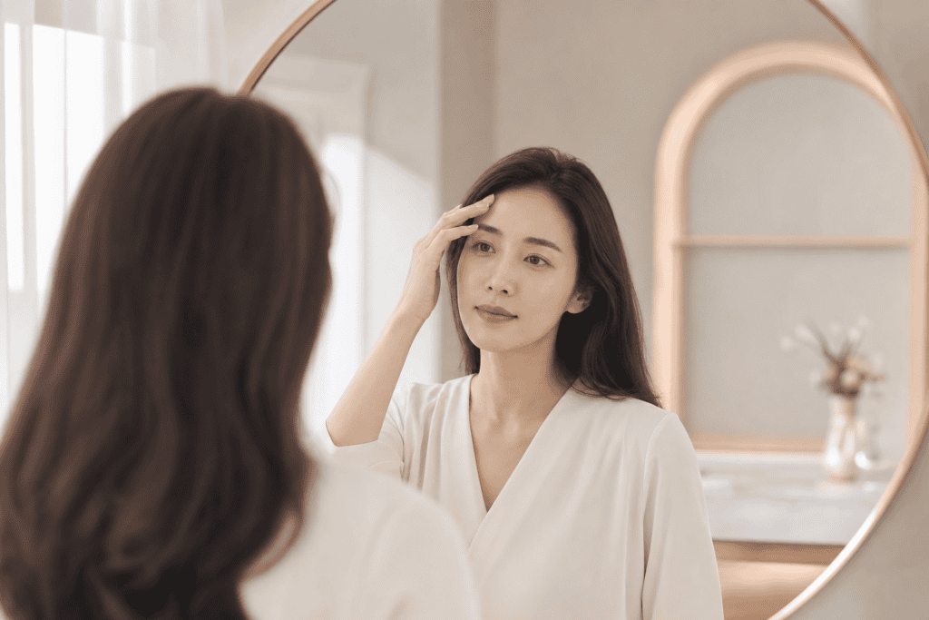 女性照鏡檢視額頭抬頭紋