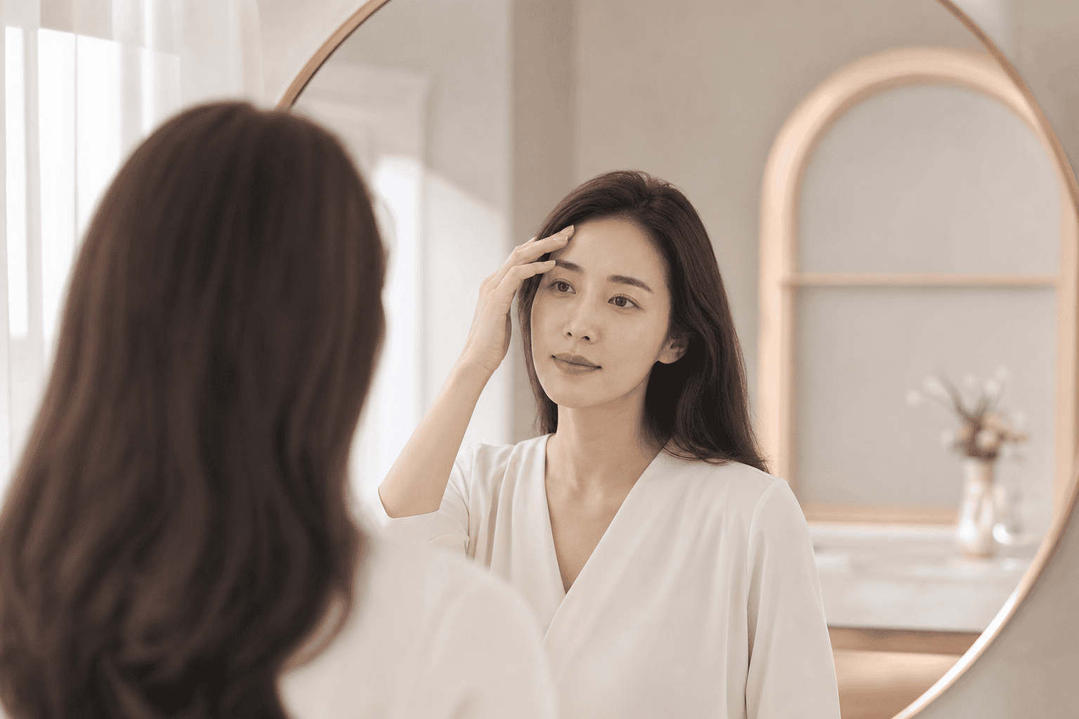 女性照鏡檢視額頭抬頭紋