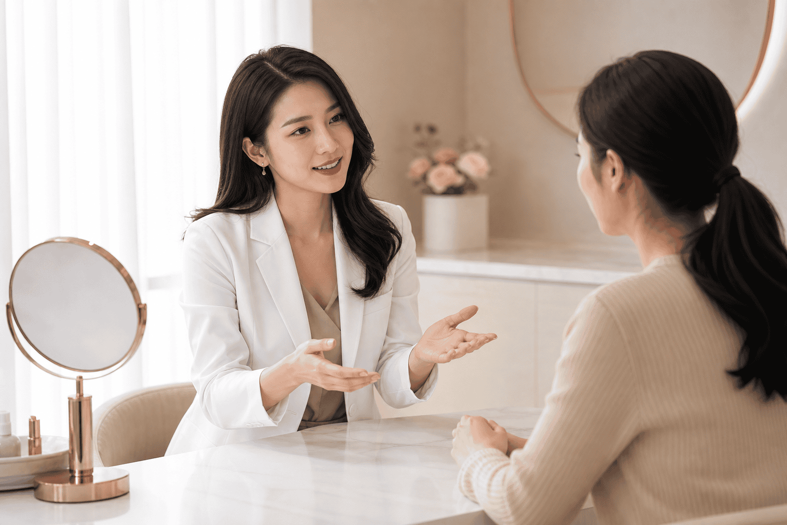 醫師與患者討論抬頭紋改善方案