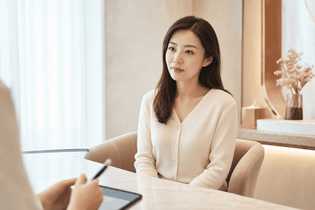 女性在諮詢台前冷靜聆聽說明