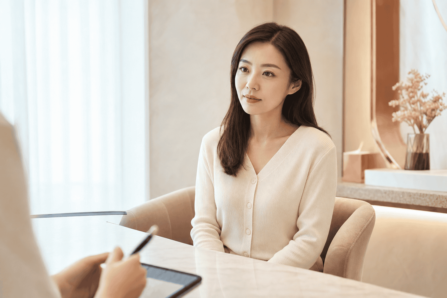 女性在諮詢台前冷靜聆聽說明